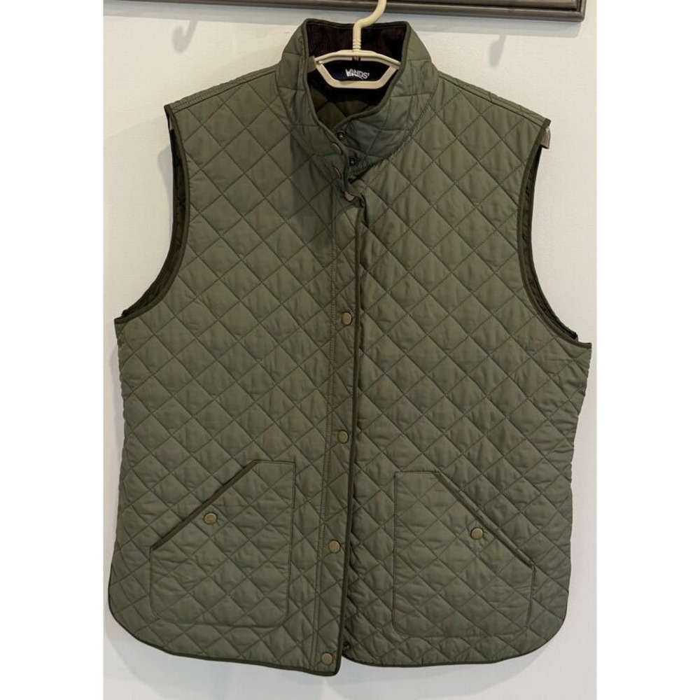 Lands End Olive Green Quilted Snap Front Vest Adjustable Corduroy Trim XL 18
